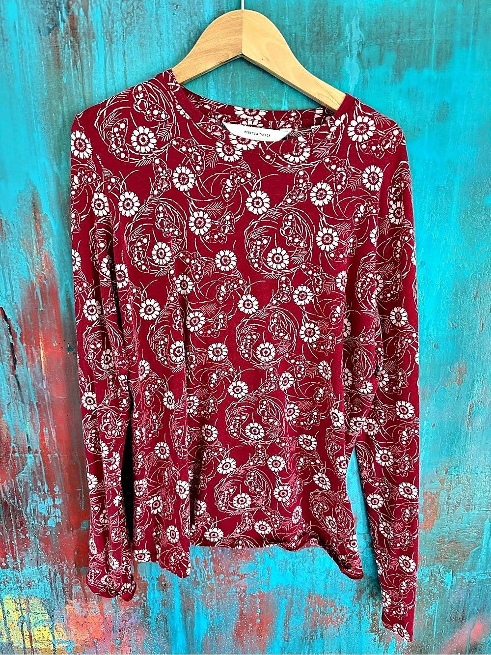 Rebecca Taylor Monarch Fleur Essential Long Sleeve Tee Floral Top Small